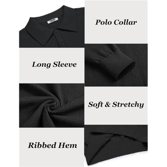 Men's Knit Polo Sweater Long Sleeve Casual Collared Quarter Button - Picture 5 of 5